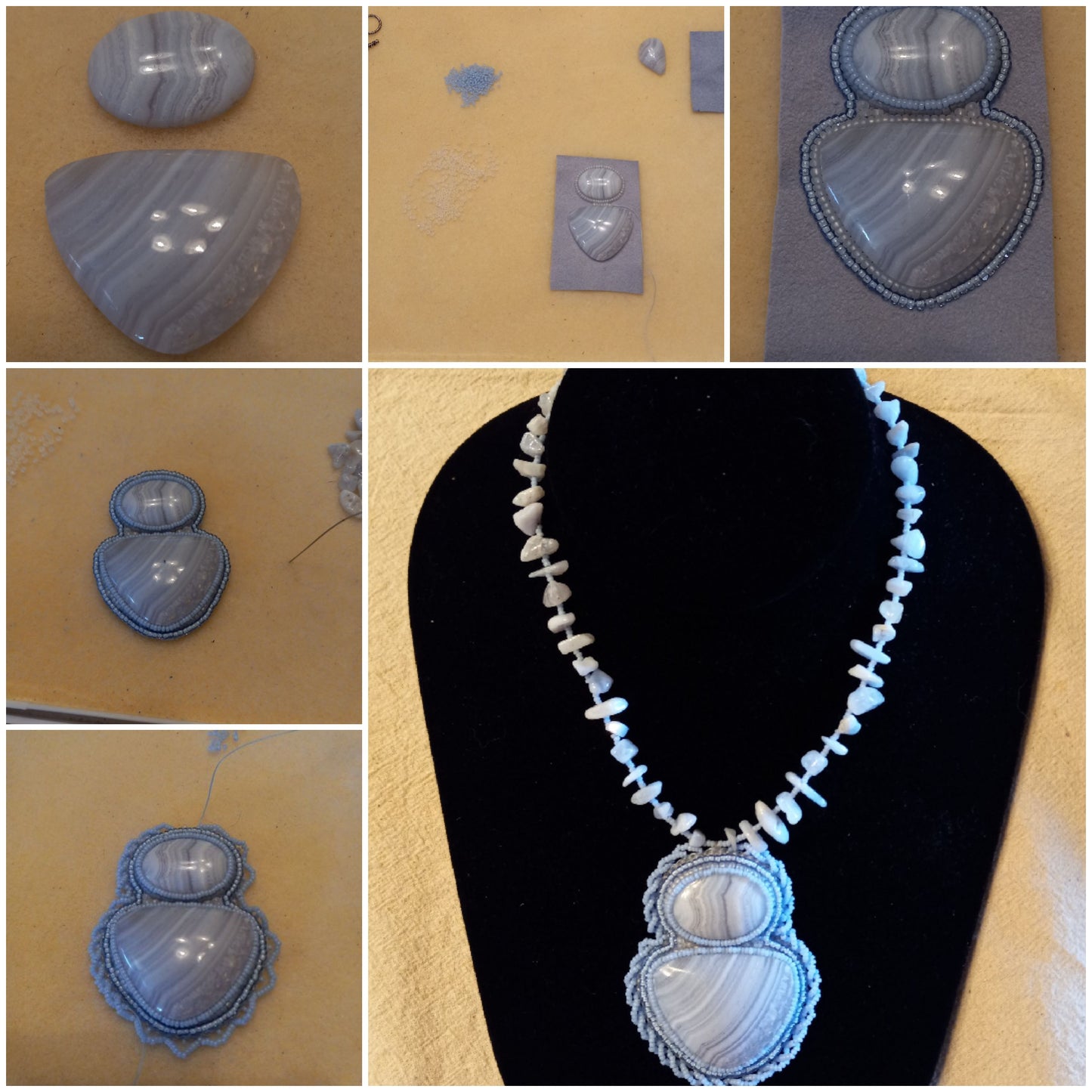 Blue Lace Agate Bead Embroidered Cabochon Necklace