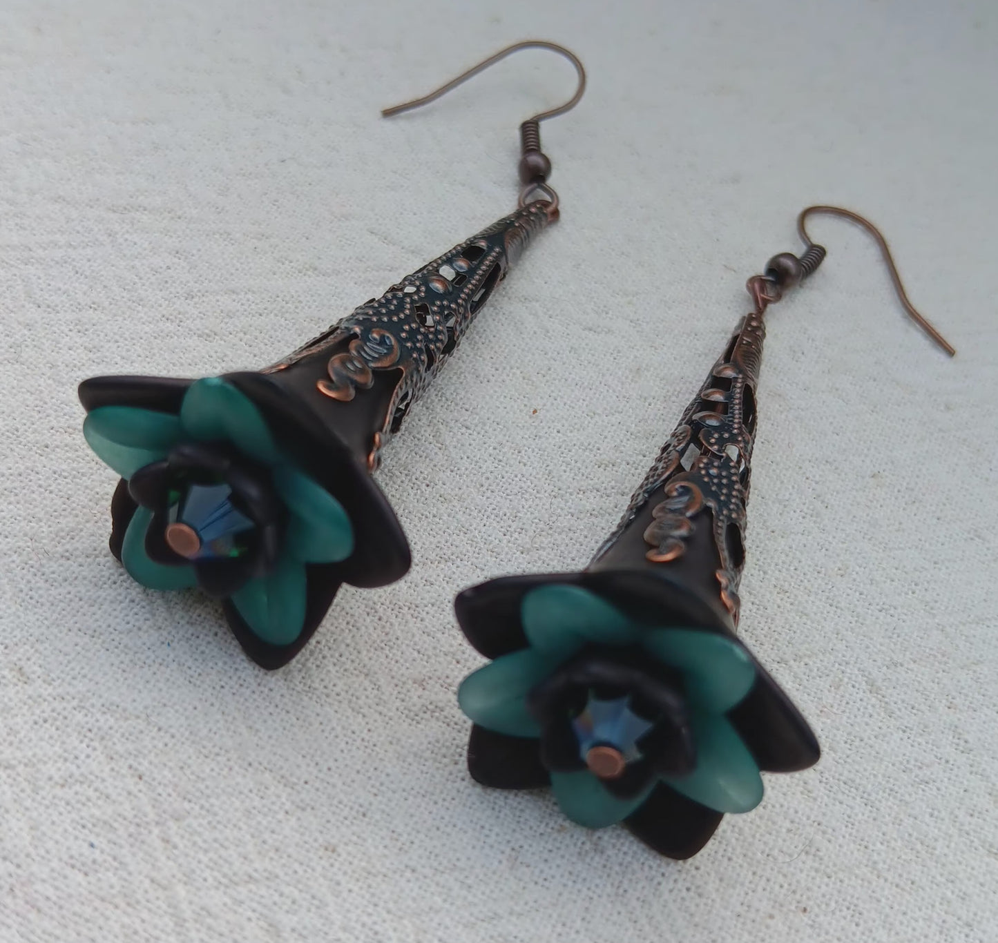 Trumpet Flower Drop Earrings, Style #7, Antiqued Copper