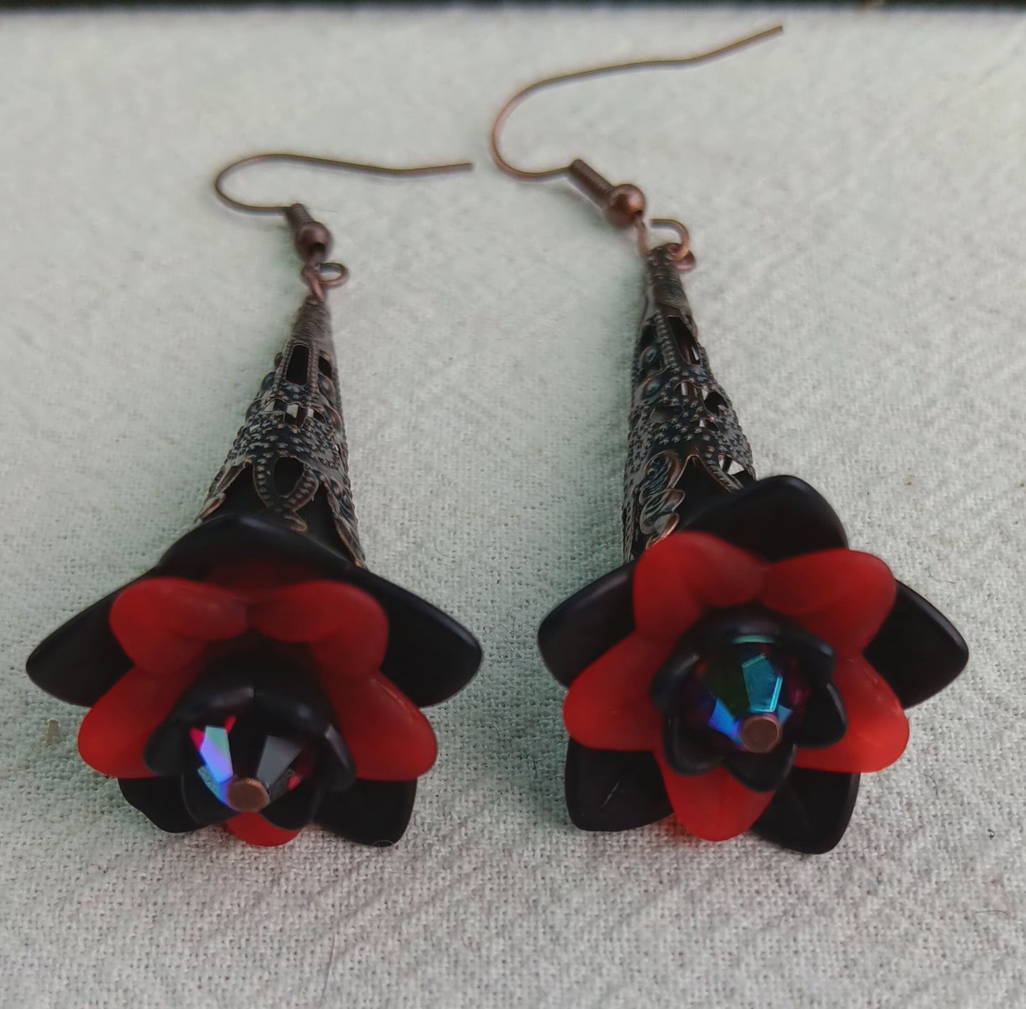Trumpet Flower Drop Earrings, Style #7, Antiqued Copper