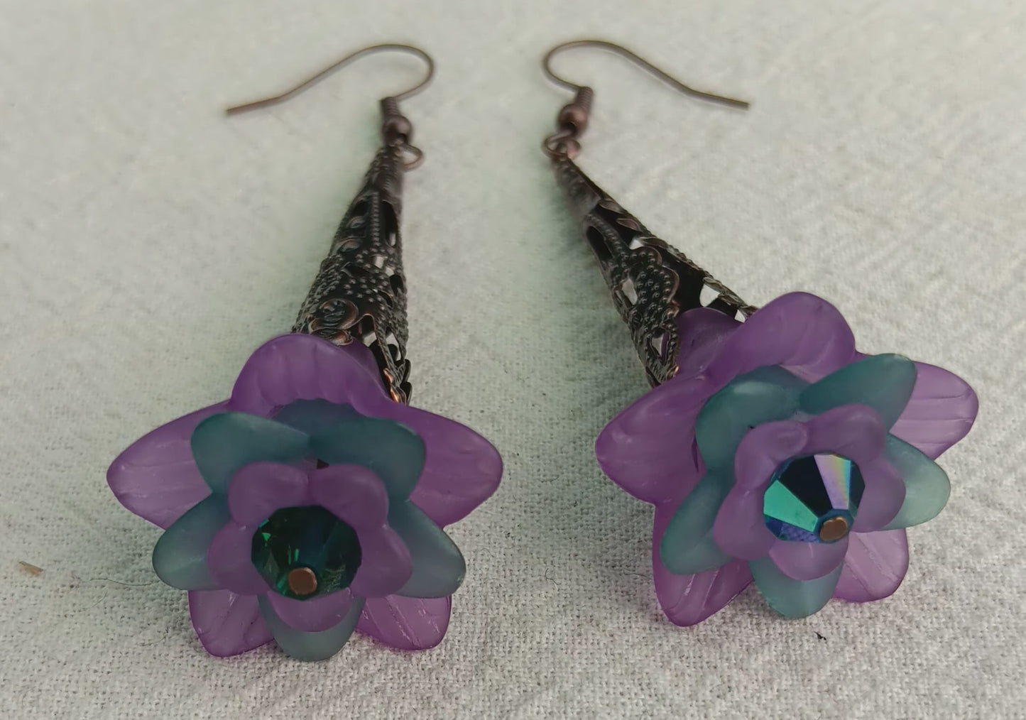 Trumpet Flower Drop Earrings, Style #7, Antiqued Copper