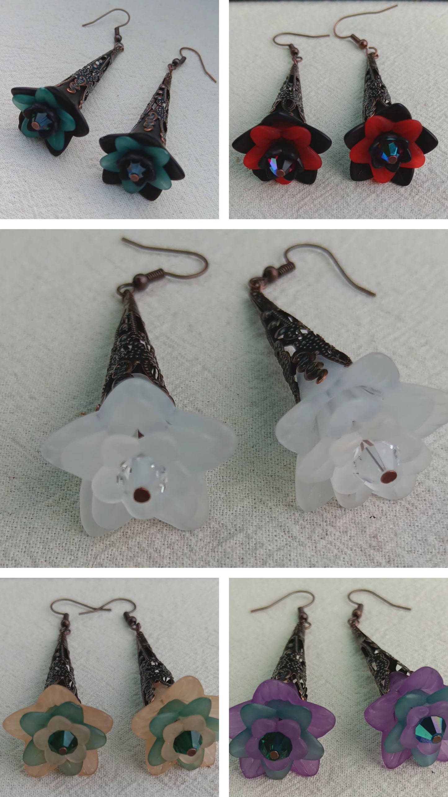 Trumpet Flower Drop Earrings, Style #7, Antiqued Copper