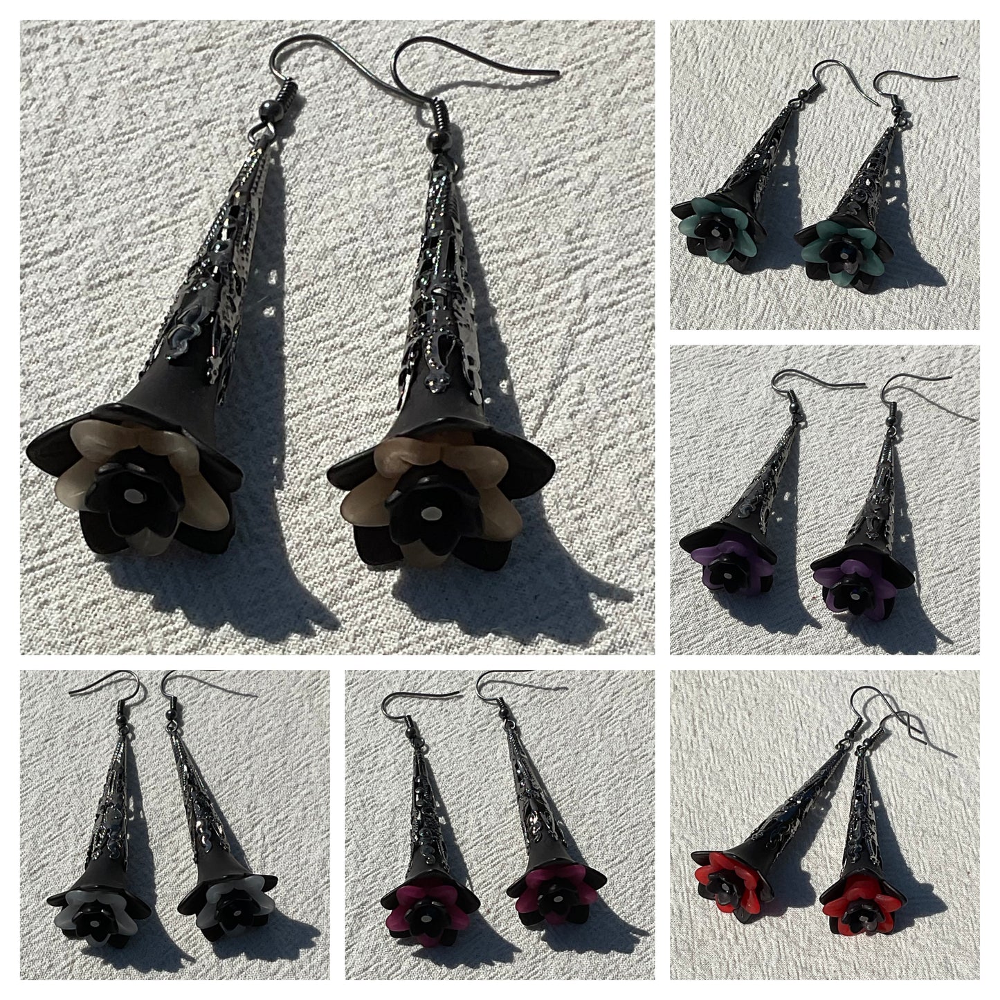 Trumpet Flower Drop Earrings, Style #7, Black