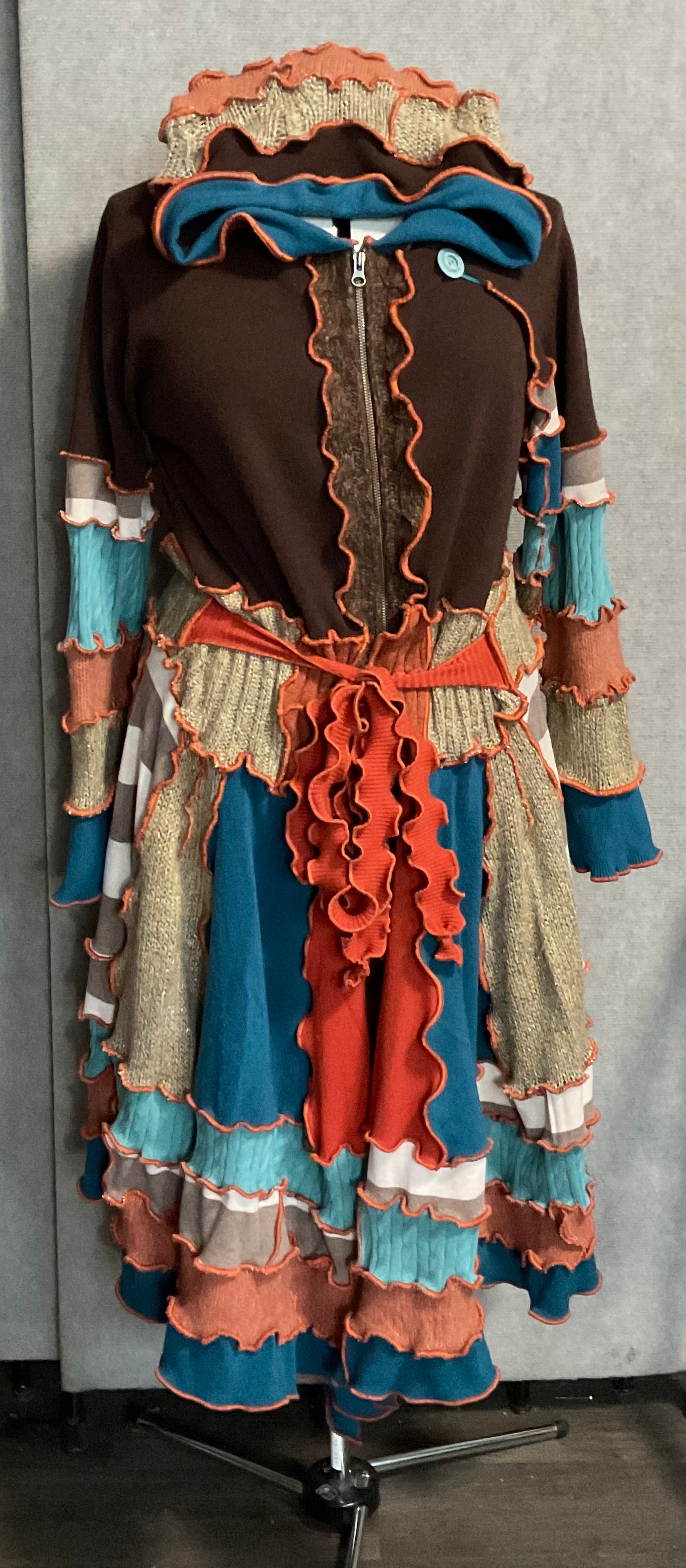 Brown / Teal / Rust Patchwork Sweater Coat (M / L)