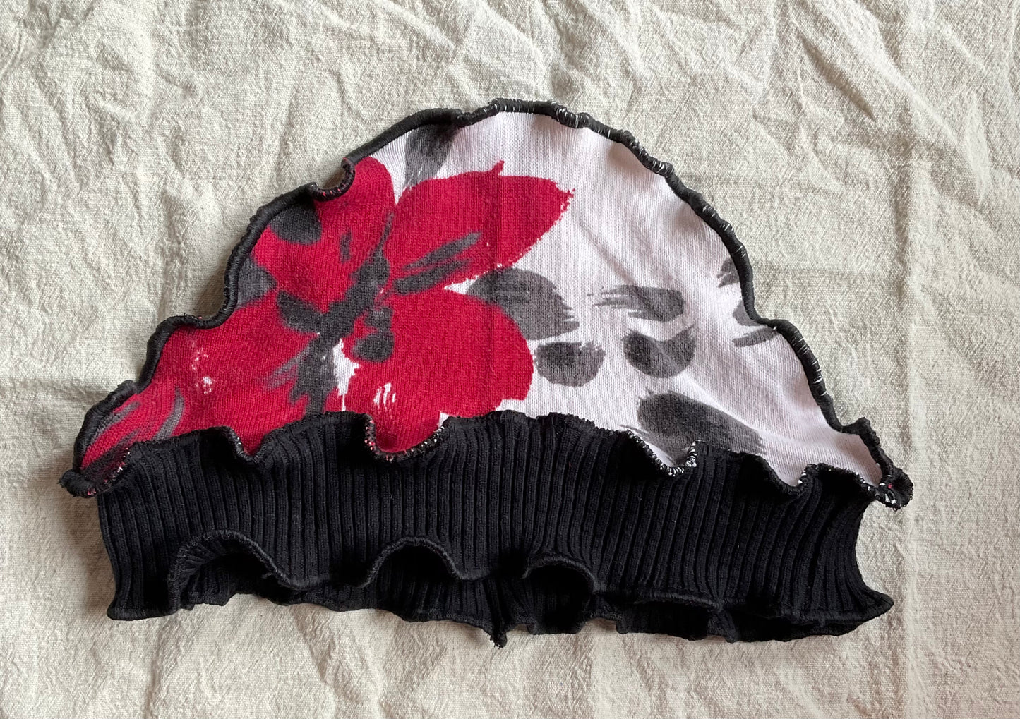 White w/ Red & Black Flower Beanie