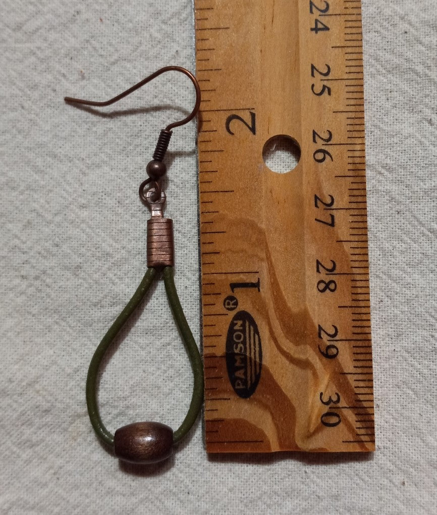 Olive Green Leather Cord & Oval Wood Bead Earrings