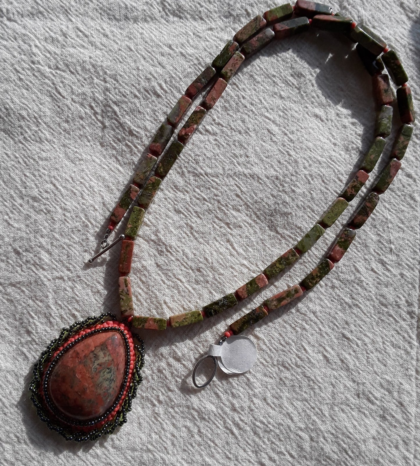 Unakite Bead Embroidered Cabochon Necklace