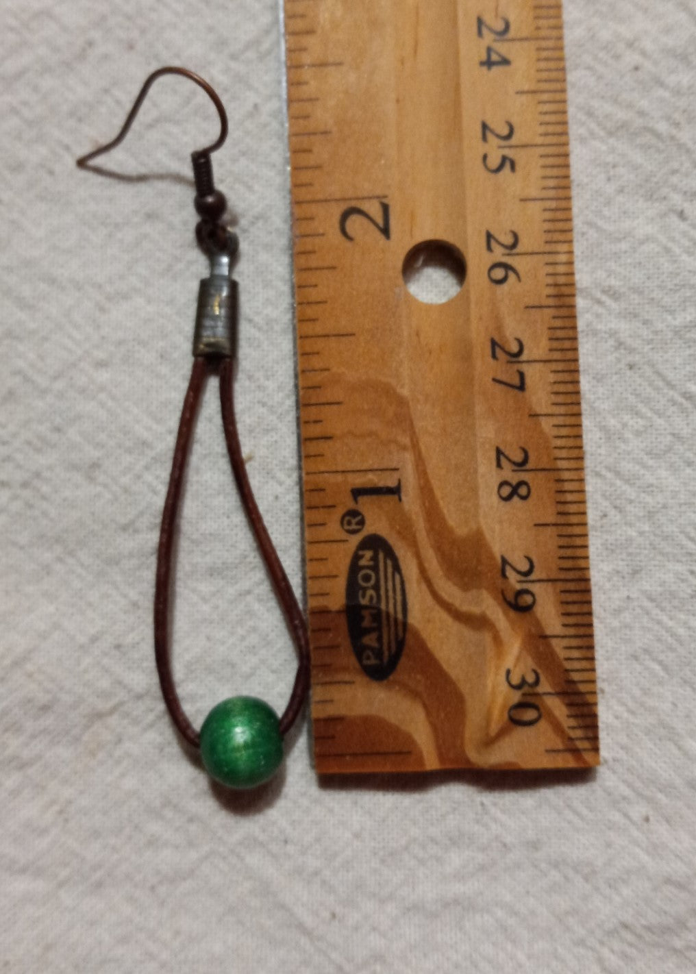 Brown Leather Cord & Green Wood Bead Earrings