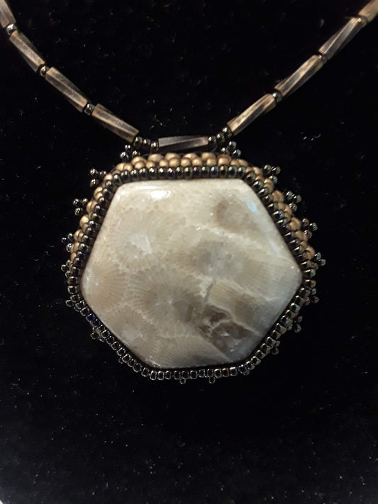 Petoskey Stone Bead Embroidered Cabochon Necklace (Hexagon)