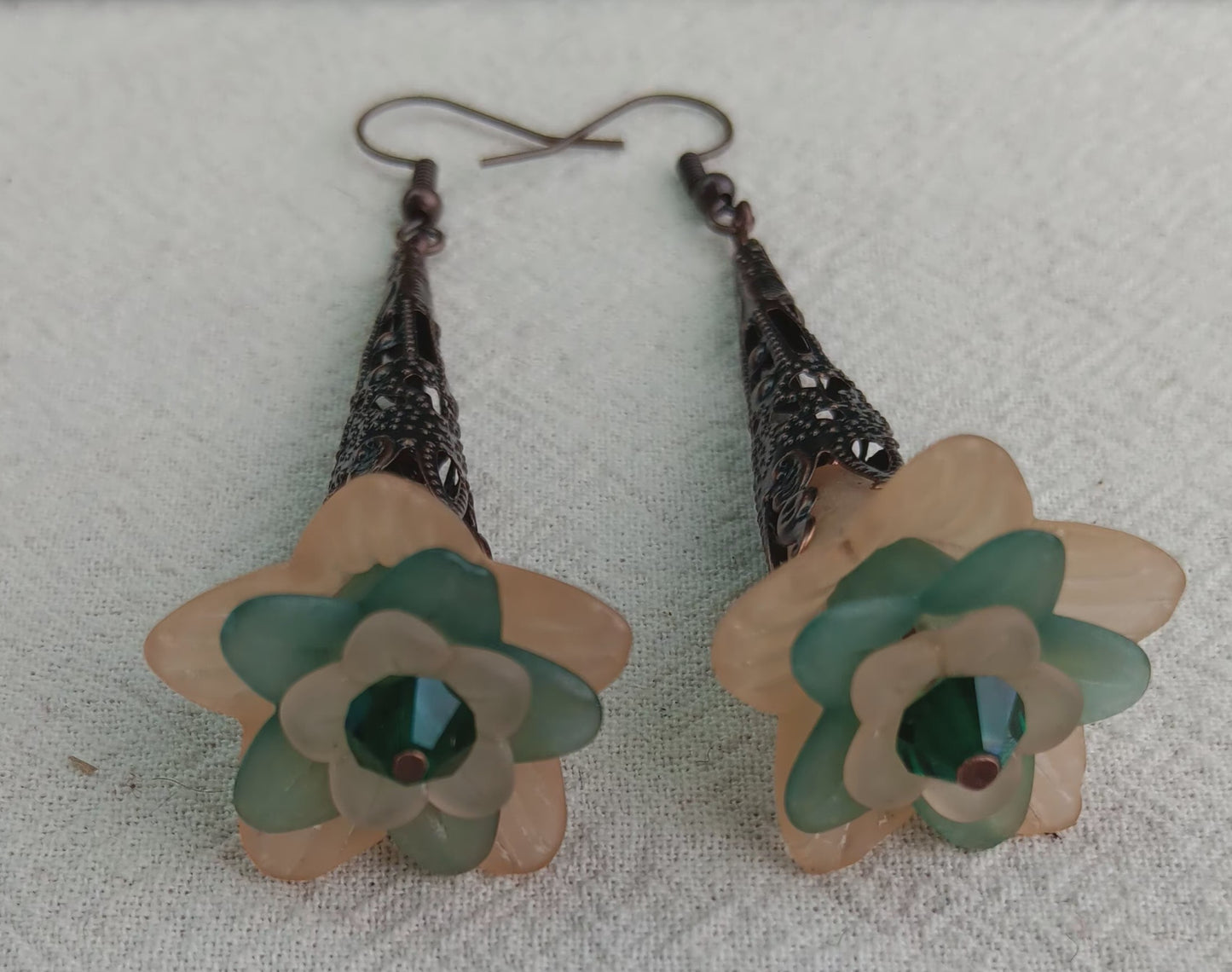 Trumpet Flower Drop Earrings, Style #7, Antiqued Copper