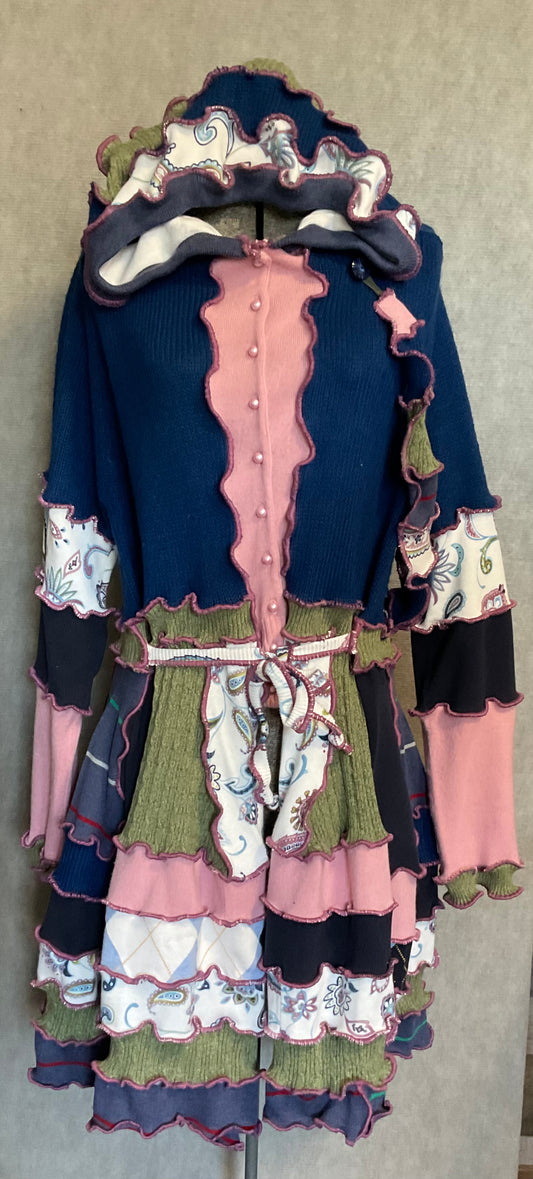Blue / Rose / Olive Patchwork Sweater Coat (M)
