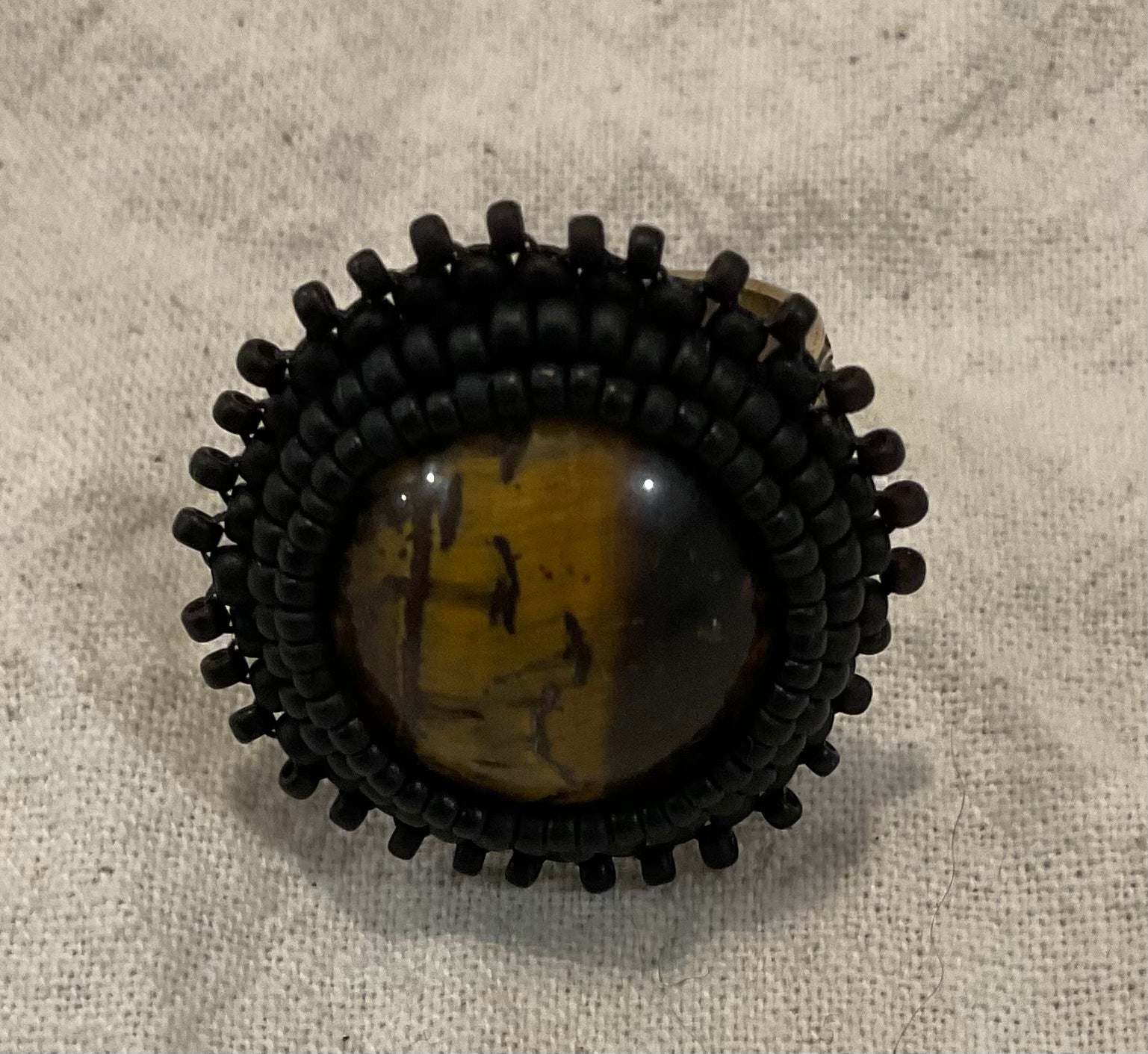 Tiger Eye Cabochon Bead Embroidered Adjustable Ring,  Round (front view)