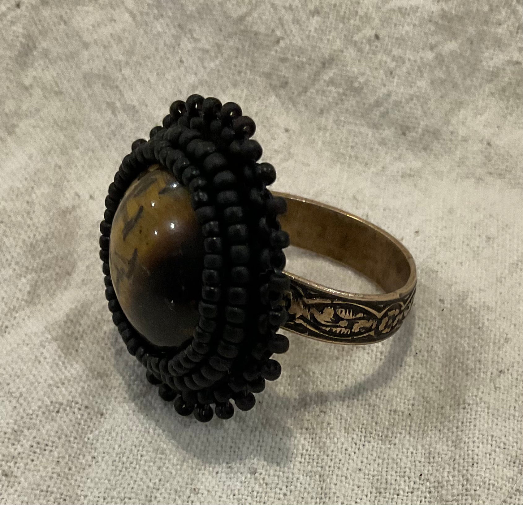 Tiger Eye Cabochon Bead Embroidered Adjustable Ring,  Round (side view)