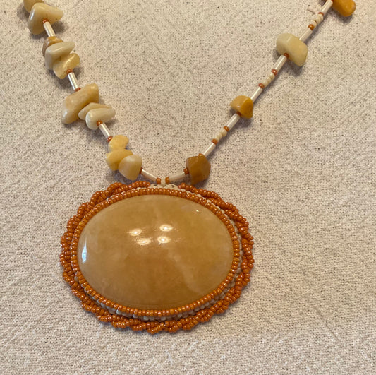 Golden Jade Bead Embroidered Cabochon Necklace