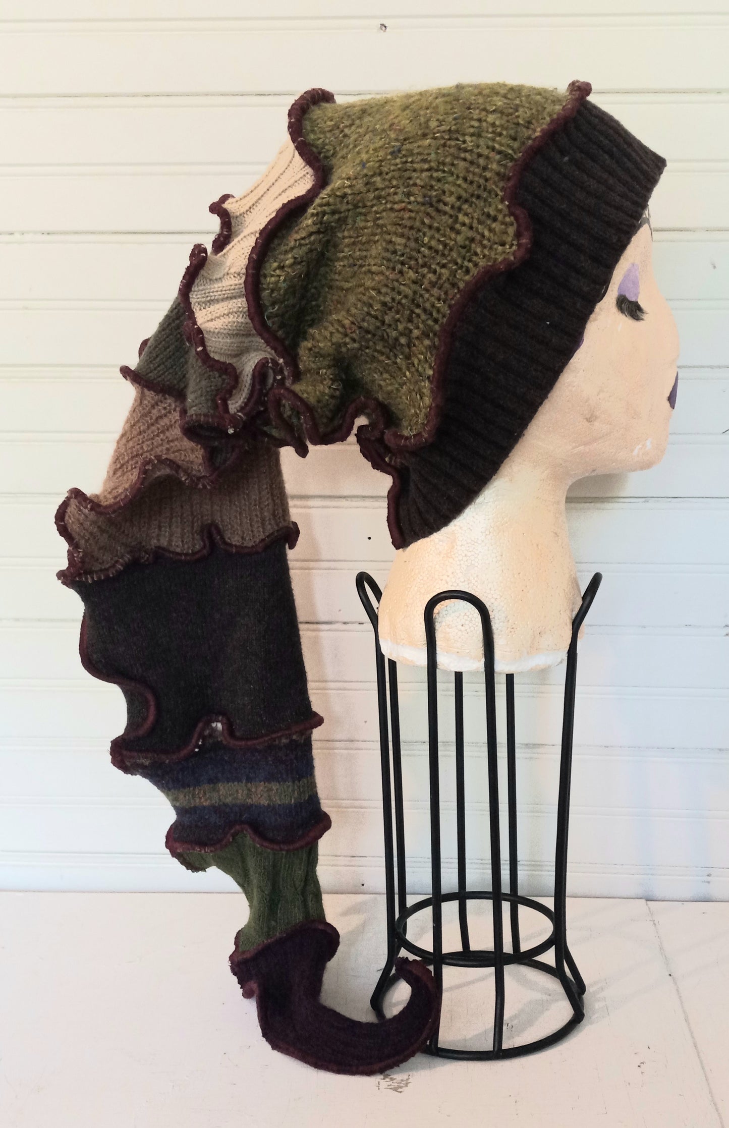 Brown & Green Upcycled Long Stocking Cap