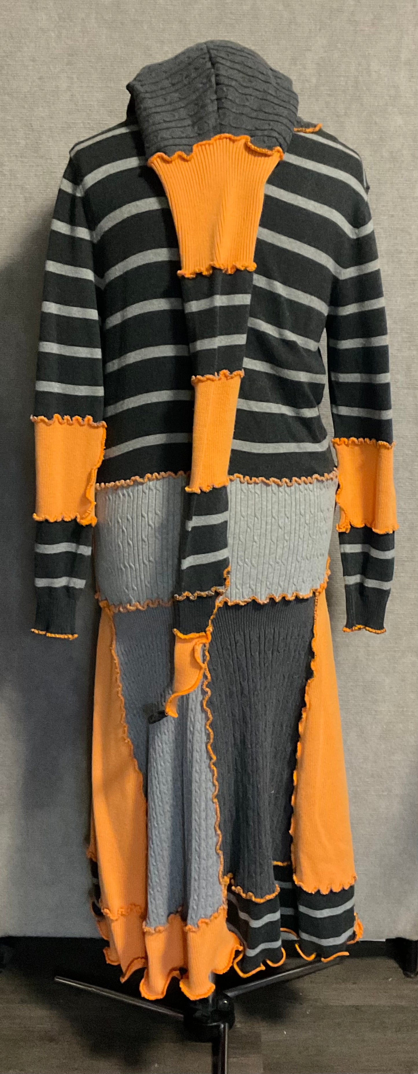 Grey Striped & Orange hooded Patchwork Coat (L)