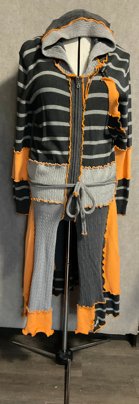 Grey Striped & Orange hooded Patchwork Coat (L)