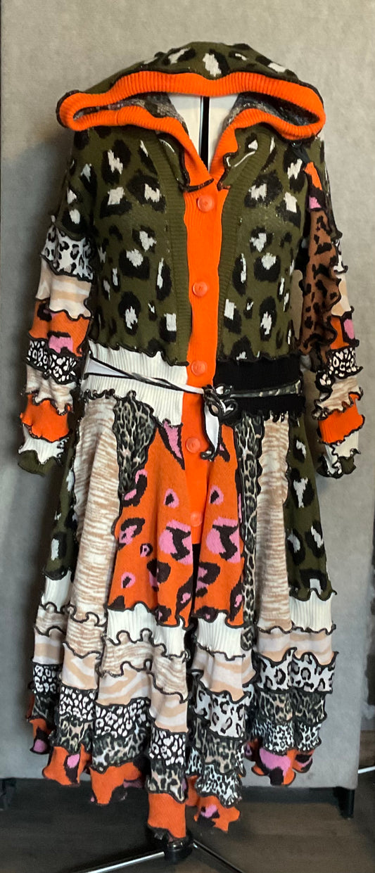 " Call to the Wild" Animal Print Patchwork Sweater Coat (M / L)