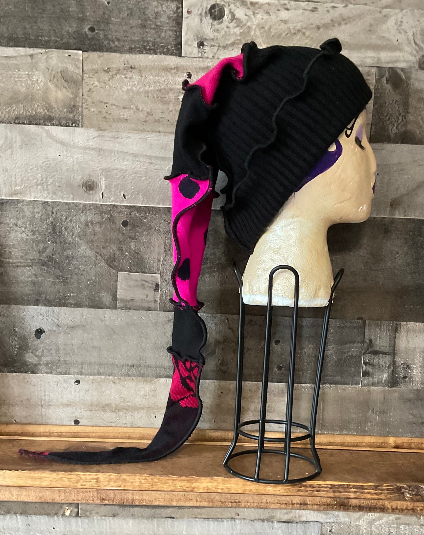 Black & Hot Pink Long Stocking Cap