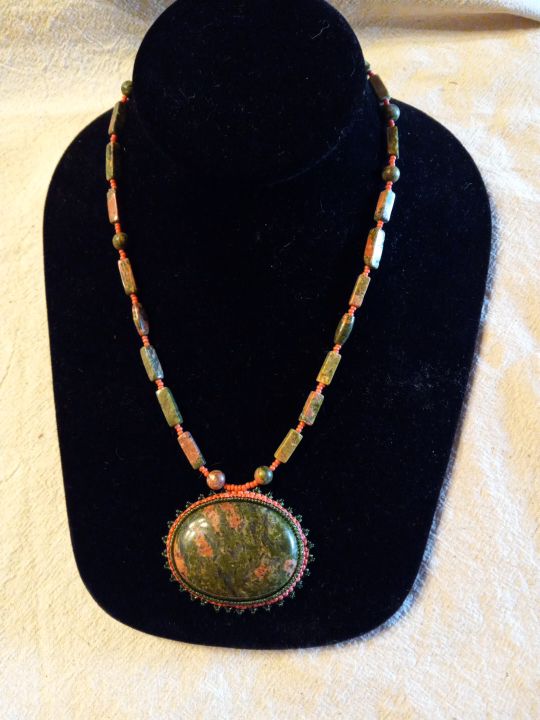 Unakite Bead Embroidered Cabochon Necklace