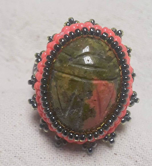 Unakite Scarab Cabochon Adjustable Ring