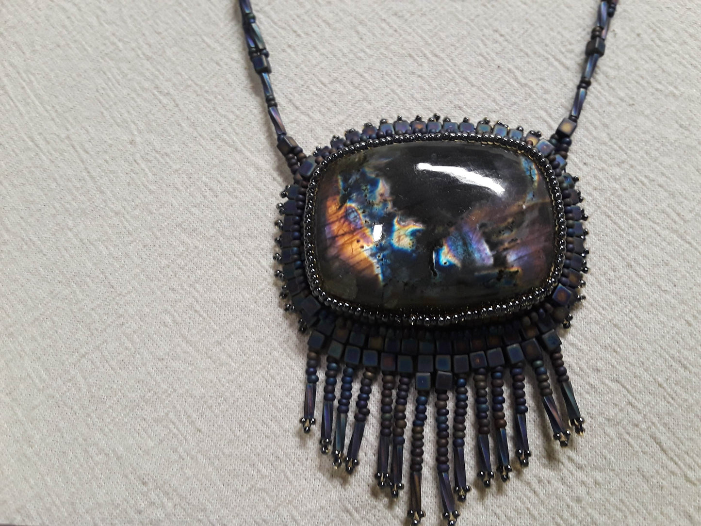 Labradorite Bead Embroidered Cabochon Necklace (Rectangle)