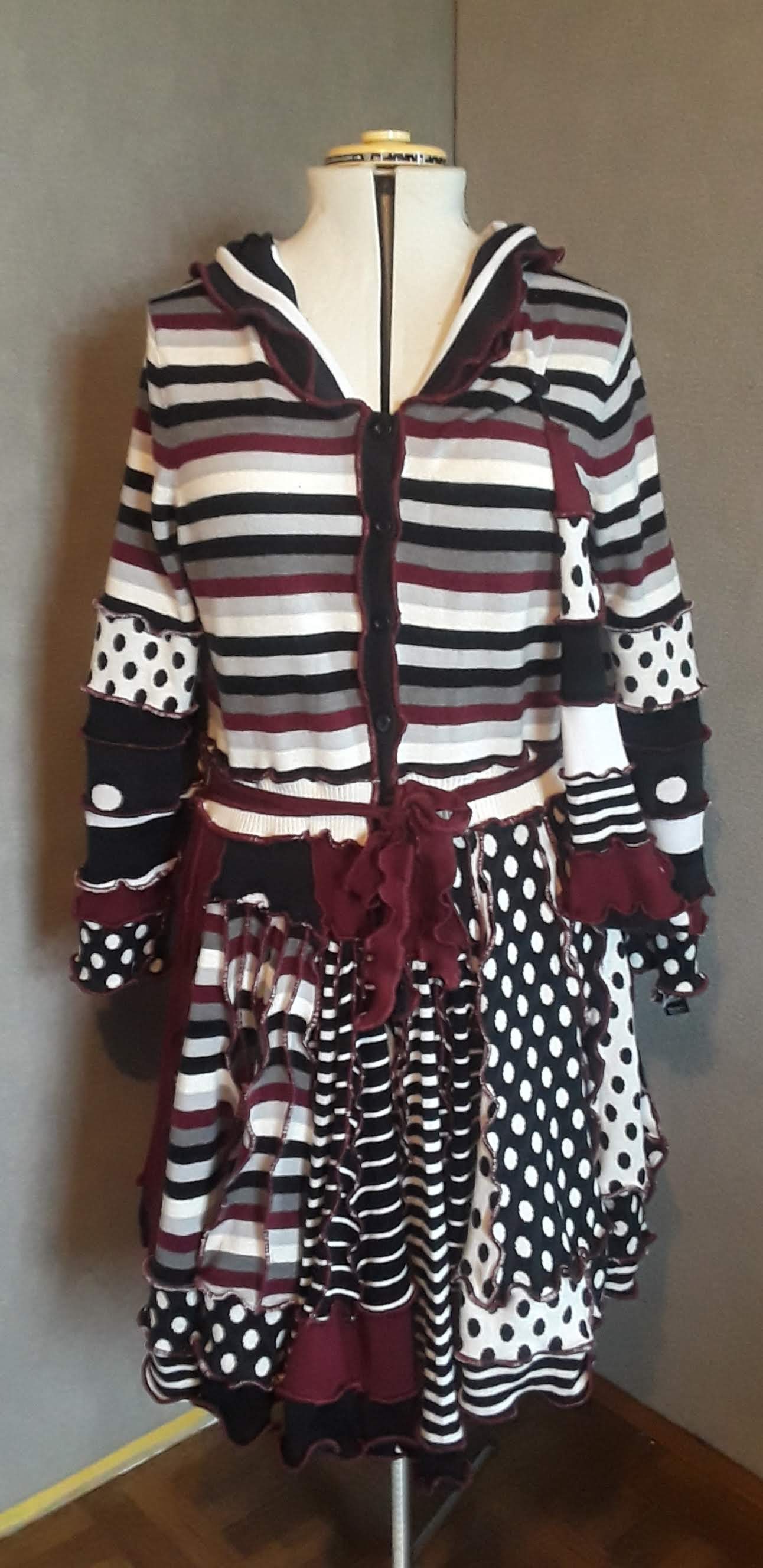 Maroon Striped Patchwork Sweater Coat