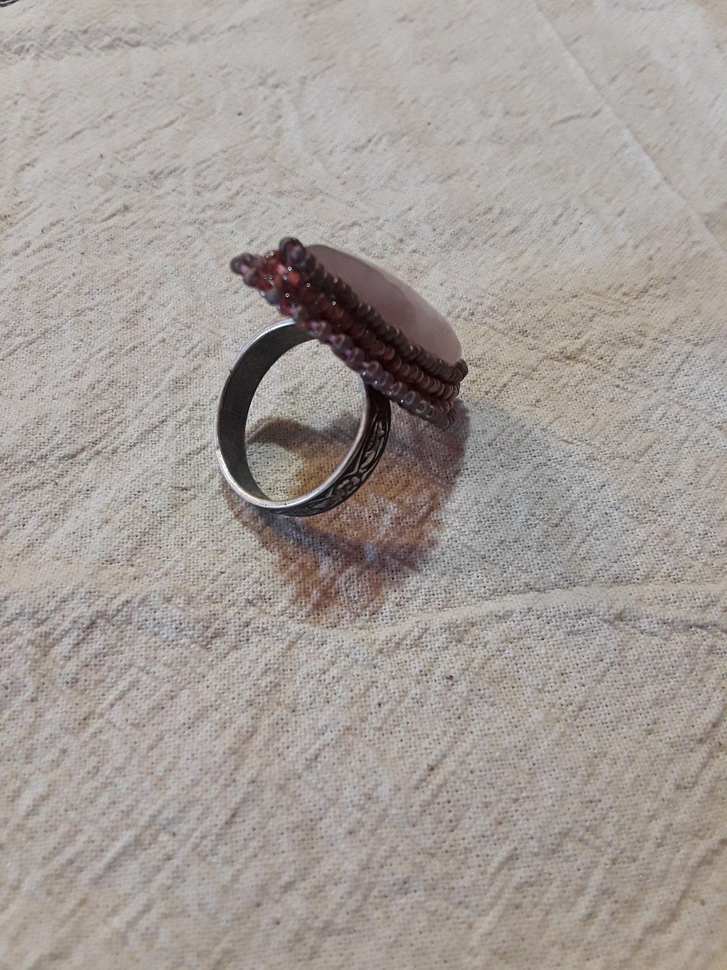 Rose Quartz Long Oval Cabochon Adjustable Ring