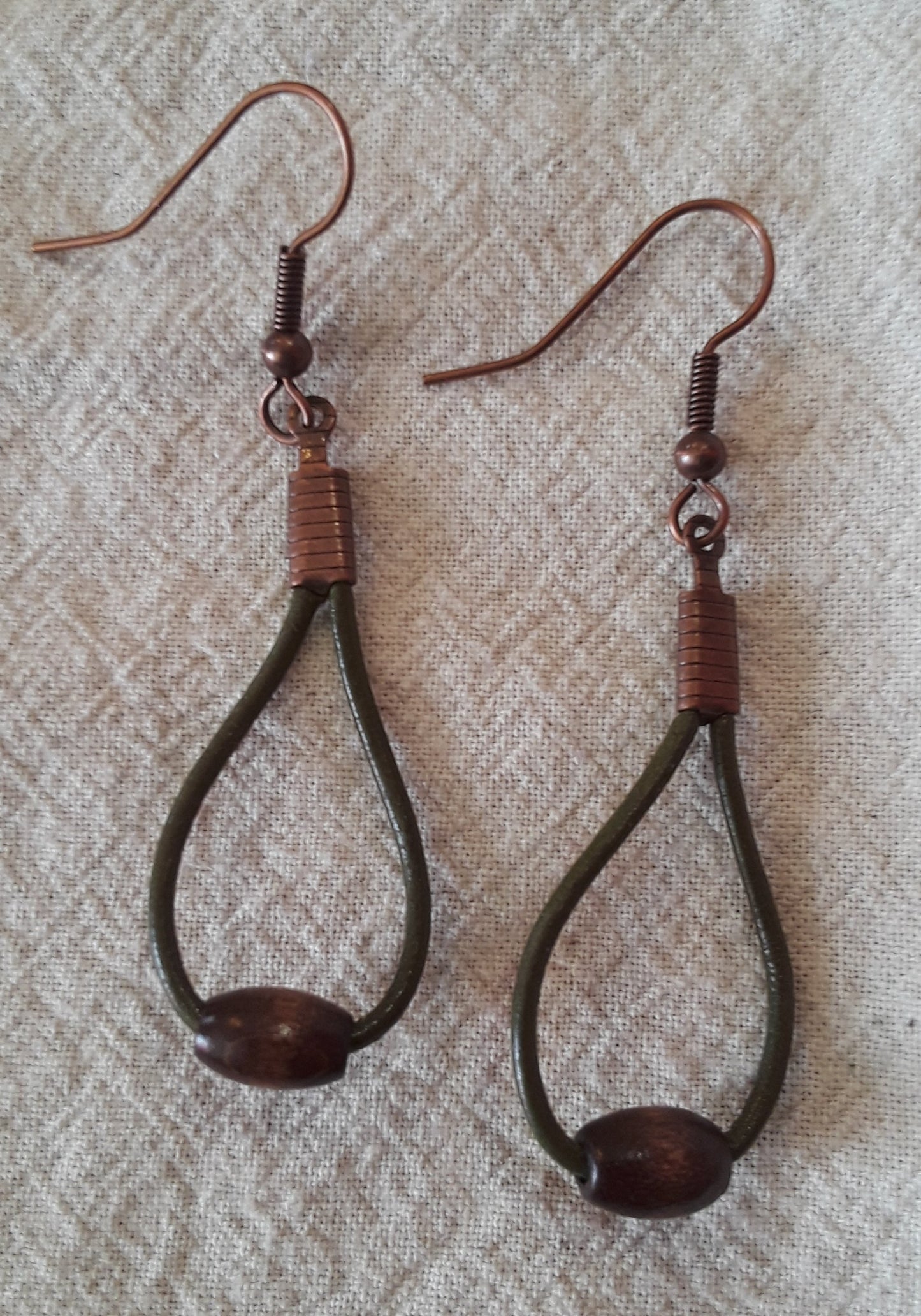 Olive Green Leather Cord & Oval Wood Bead Earrings