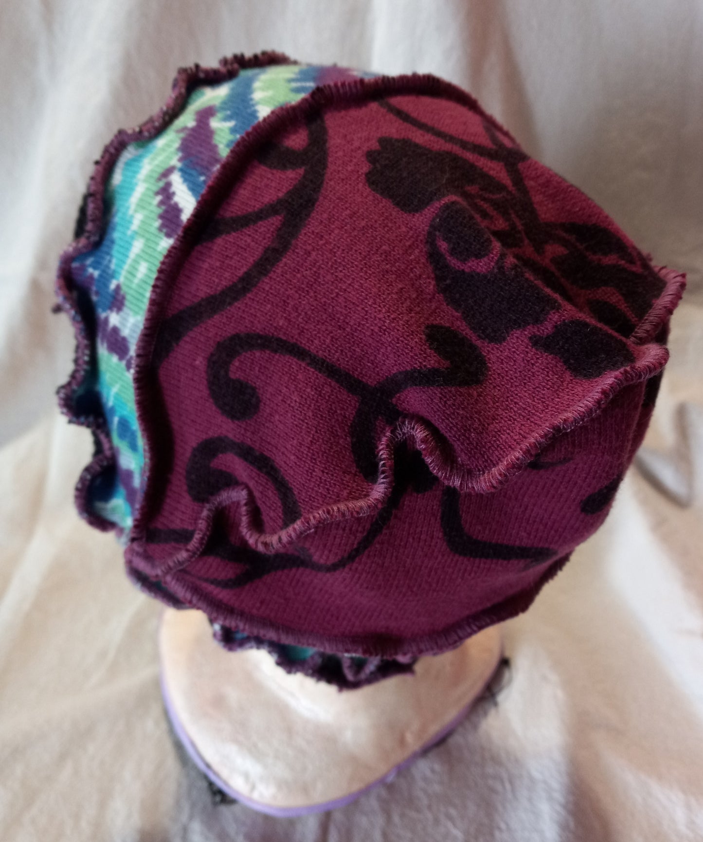 Black, Purple & Teal Cloche Style Upcycled Beanie