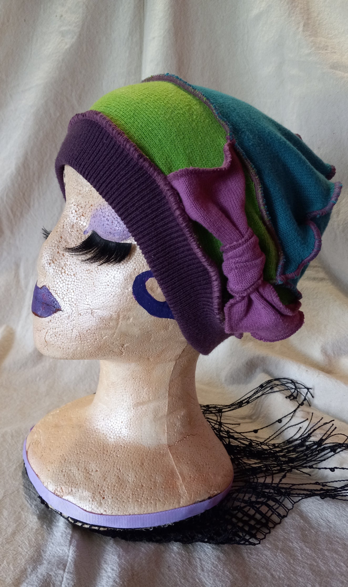 Teal, Green & Purple Cloche Style Upcycled Hat