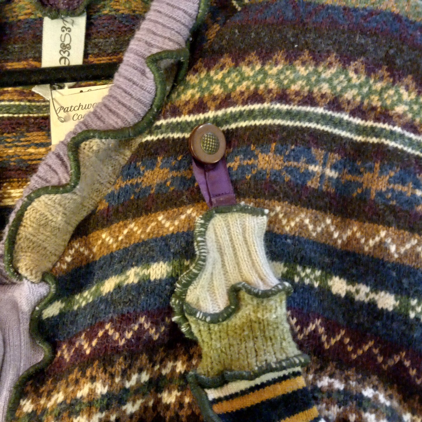 Multi Striped & Olive Drab Patchwork Sweater Coat (XL/XXL)