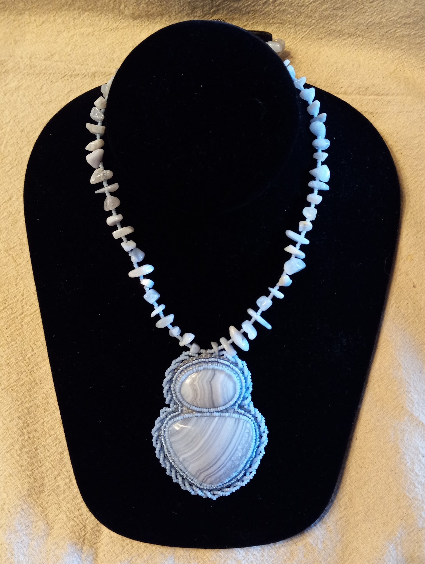 Blue Lace Agate Bead Embroidered Cabochon Necklace