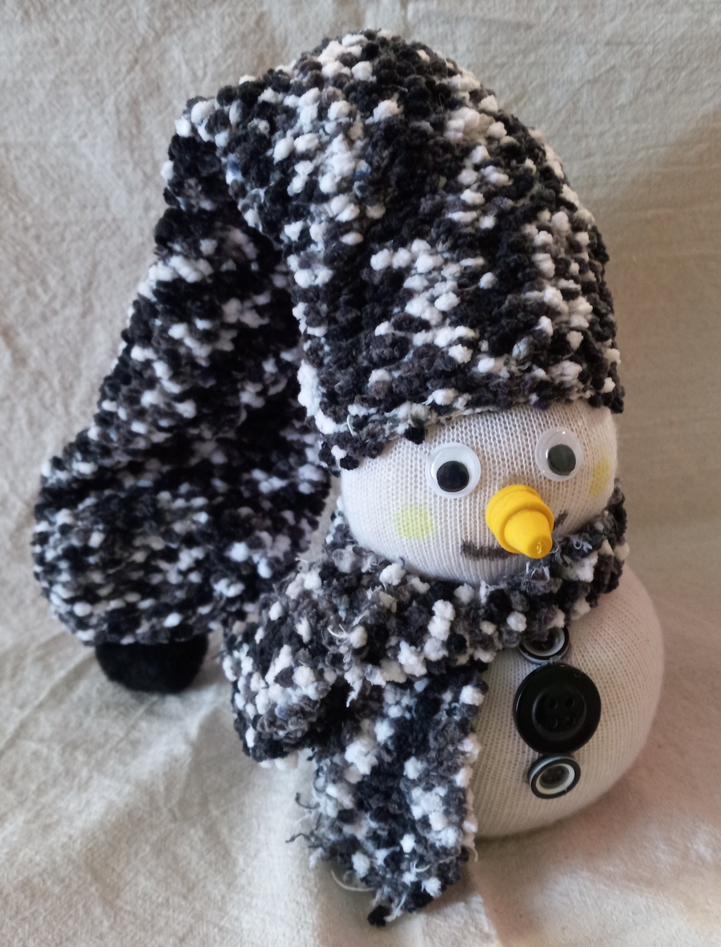 Black & White Speckled Sock Snowman with Yellow Face