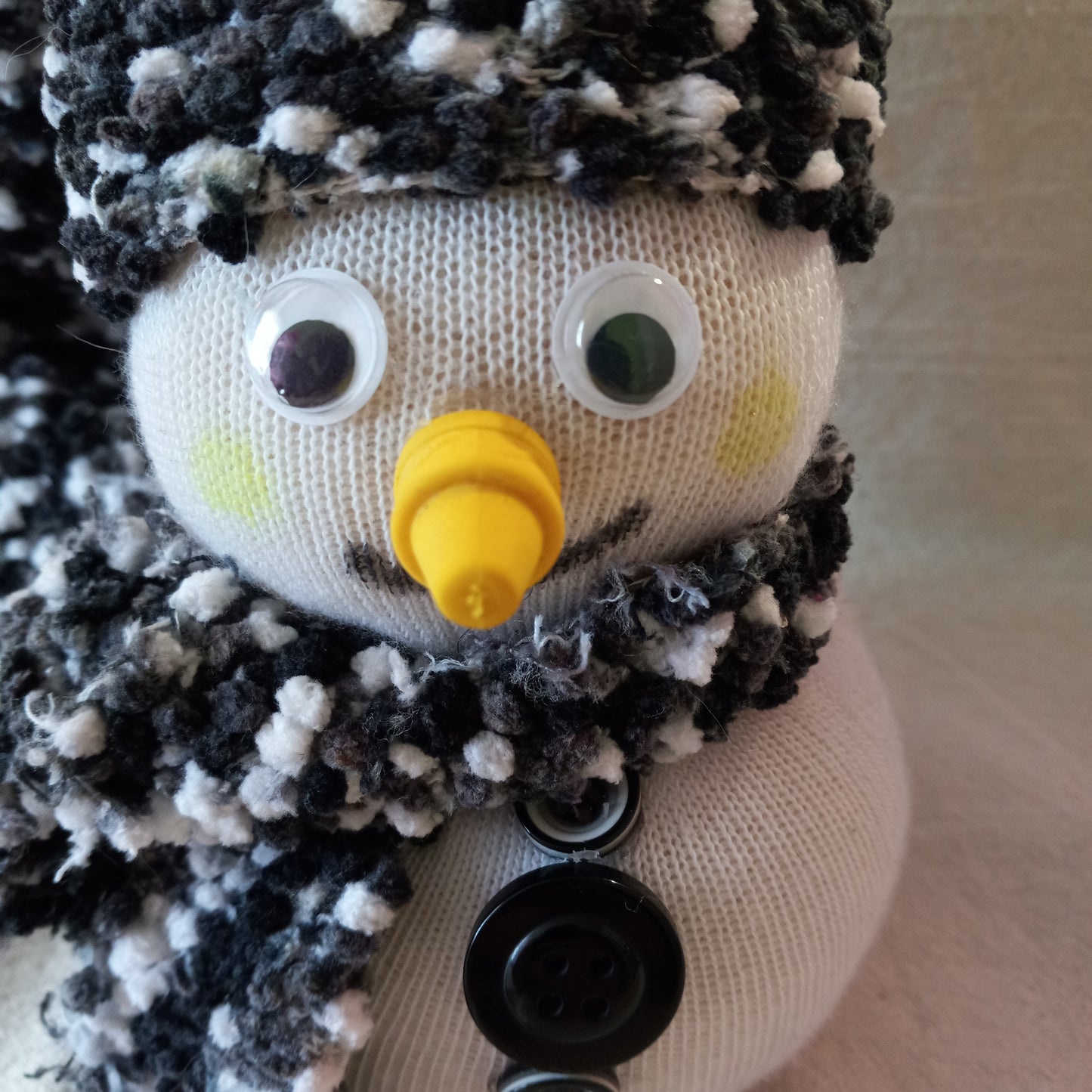 Black & White Speckled Sock Snowman with Yellow Face