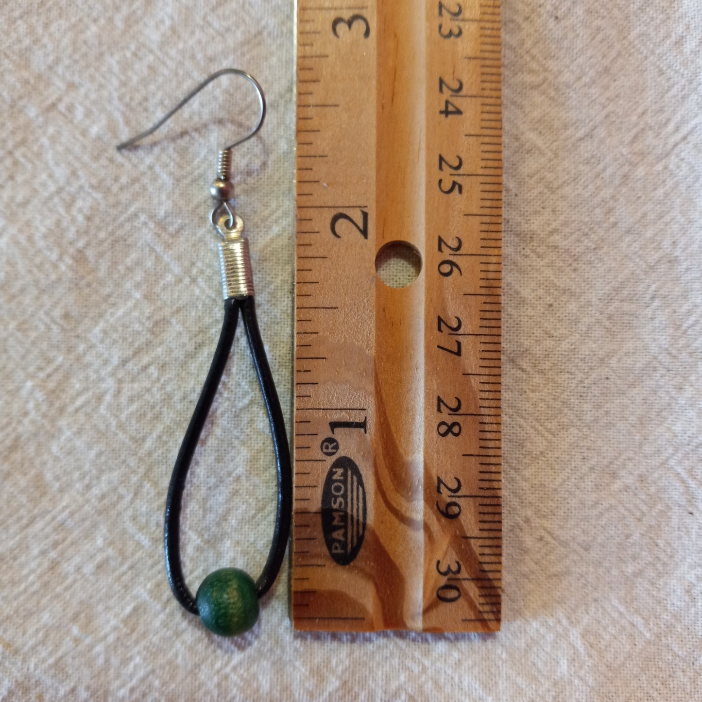 Black Leather Cord & Green Wood Bead Earrings