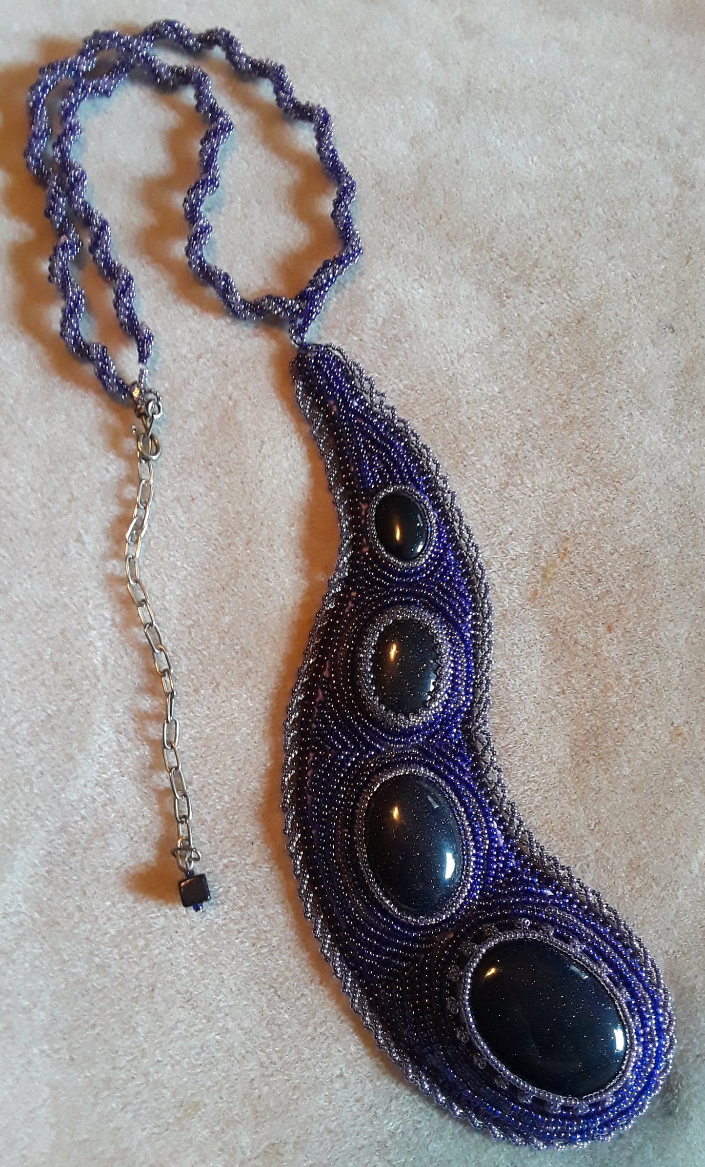 Blue Goldstone Bead Embroidered Cabochon Necklace