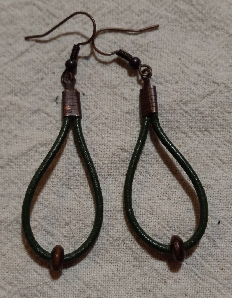 Dark Green Leather Cord & Spacer Wood Bead Earrings
