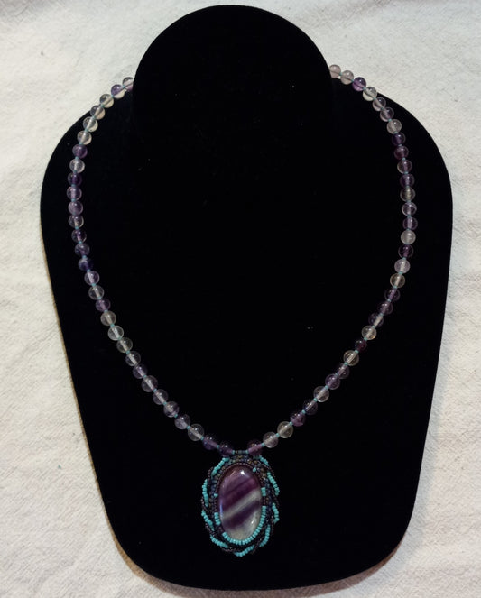 Fluorite Bead Embroidered Cabochon Necklace