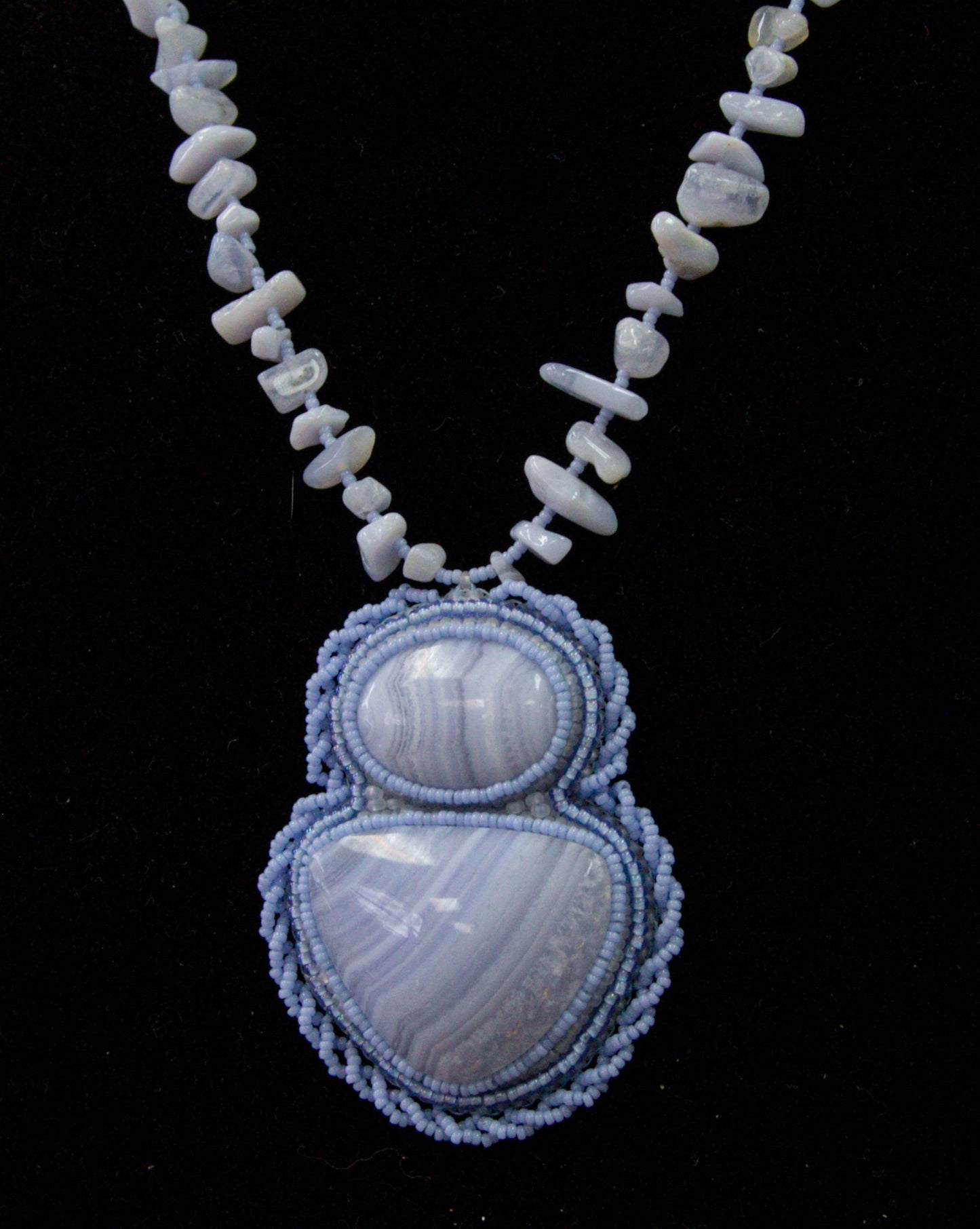 Blue Lace Agate Bead Embroidered Cabochon Necklace