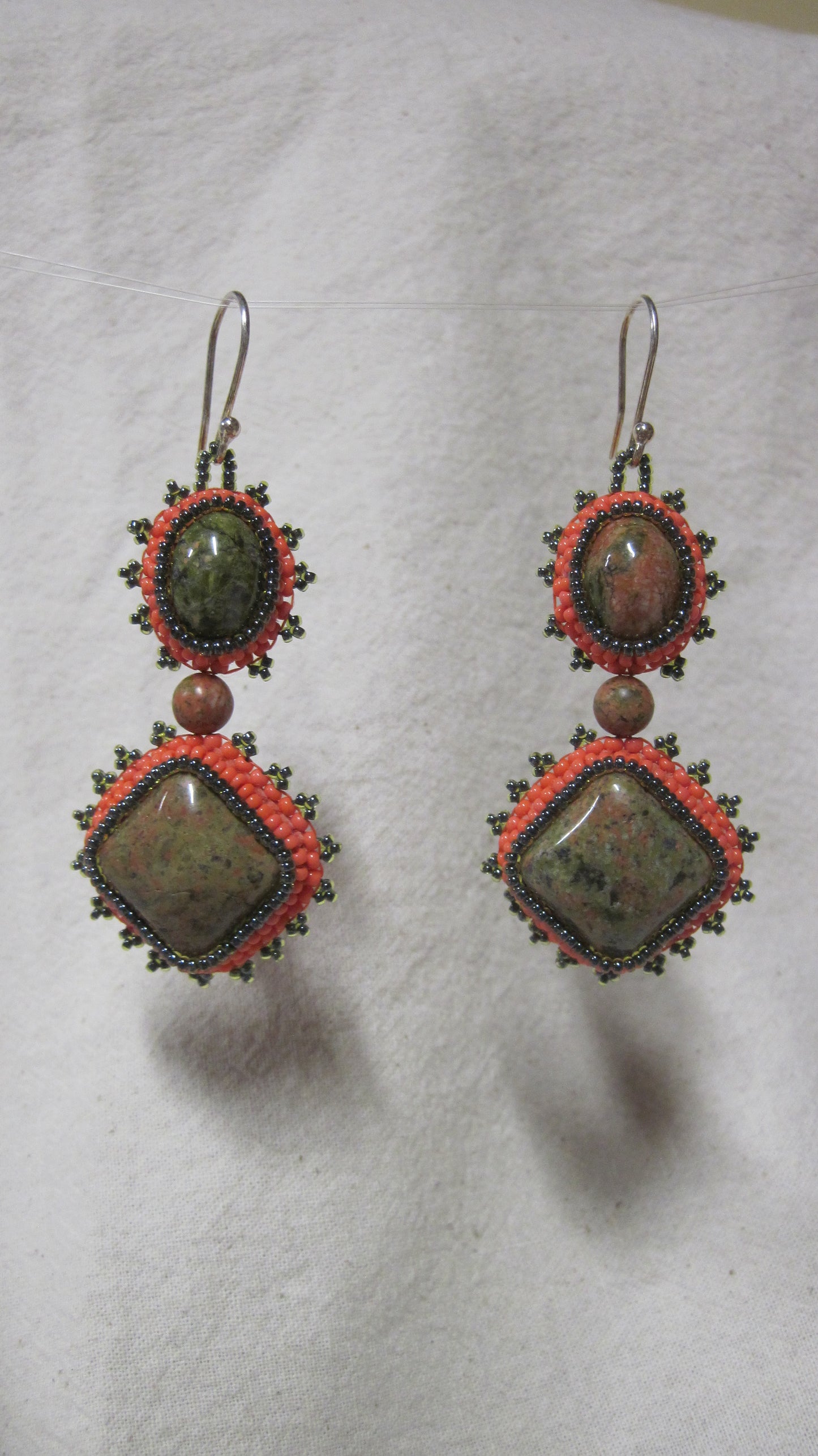 Unakite Bead Embroidered Earrings