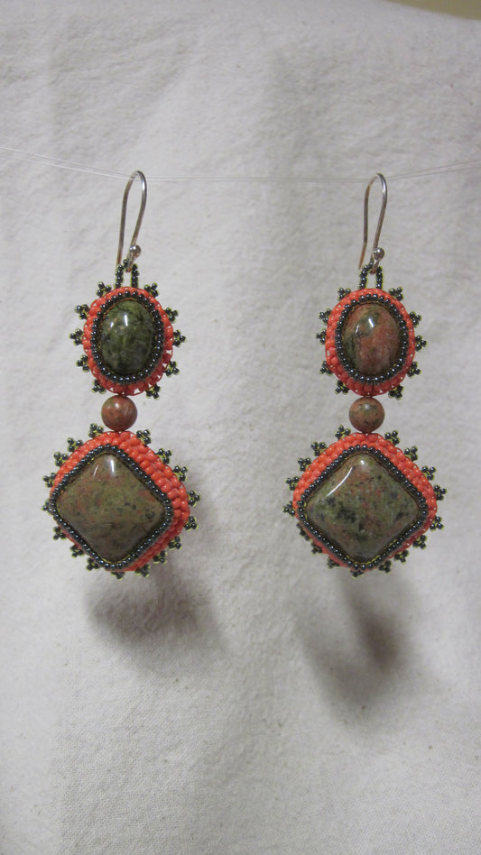 Unakite Bead Embroidered Earrings