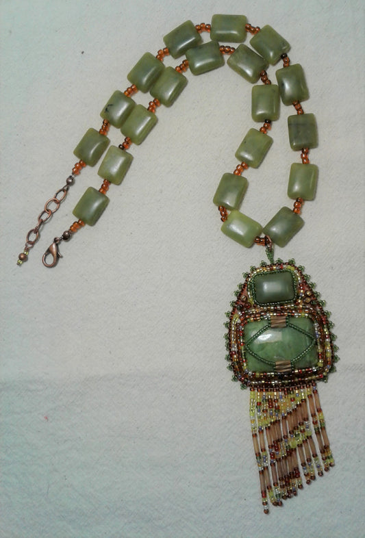 Jade Bead Embroidered Cabochon Necklace