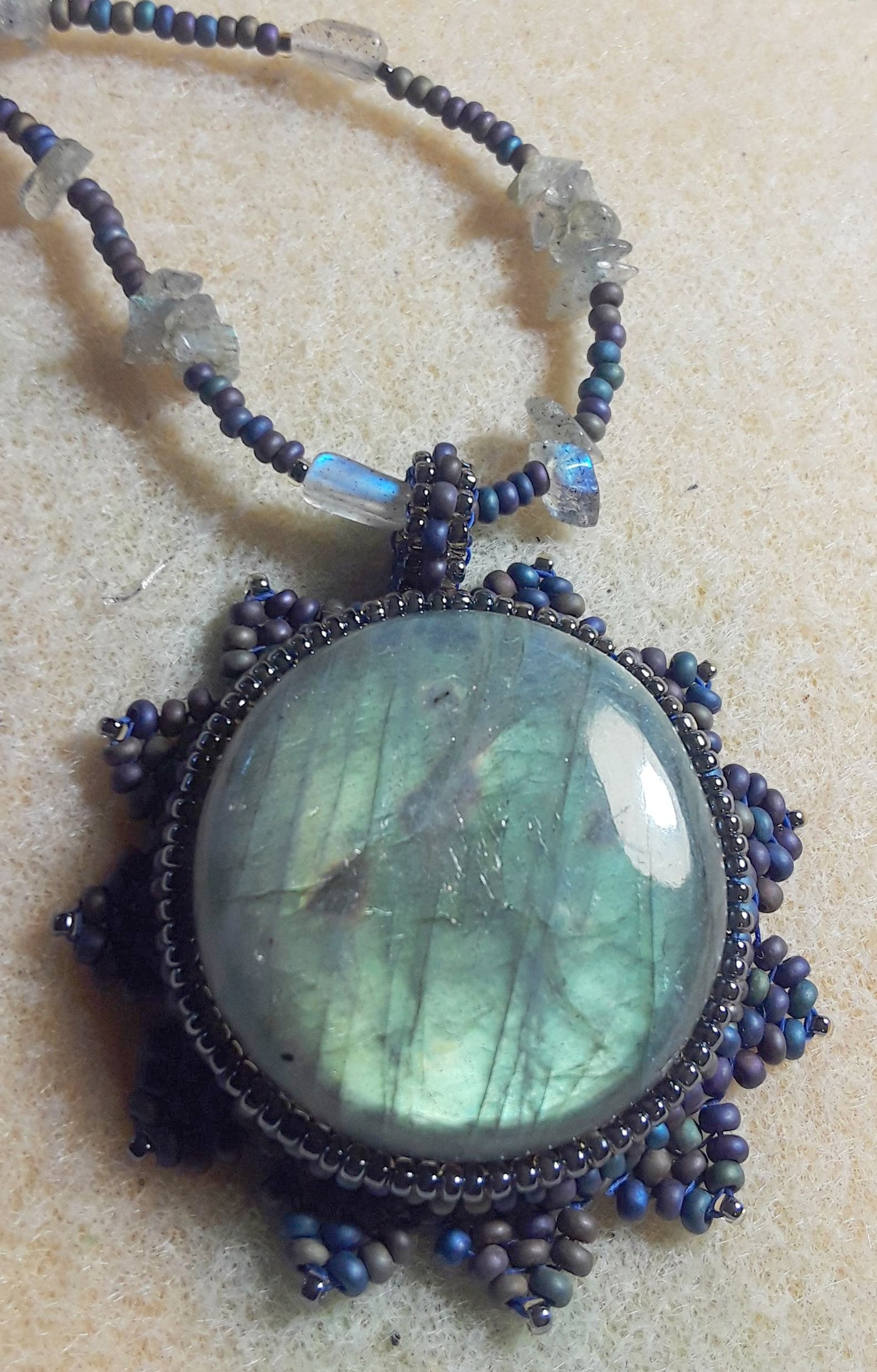 Labradorite Sun Bead Embroidered Cabochon Necklace