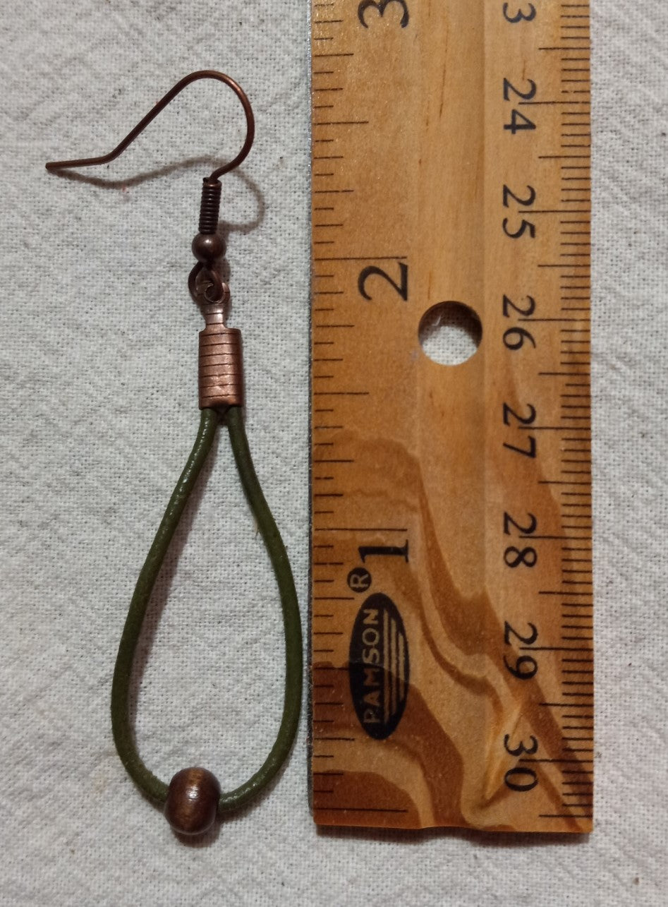 Olive Green Leather Cord & Sm Round Wood Bead Earrings