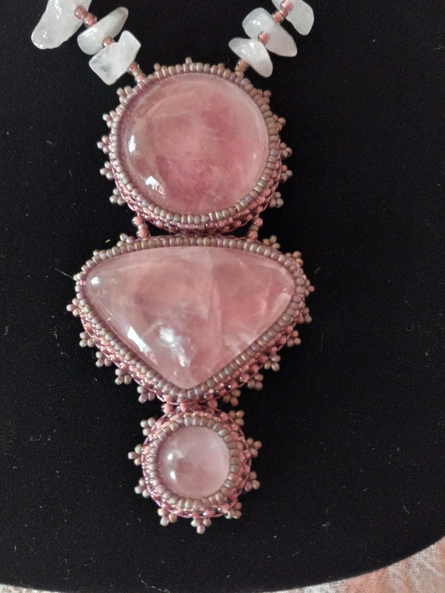 Rose Quartz Bead Embroidered Cabochon Necklace