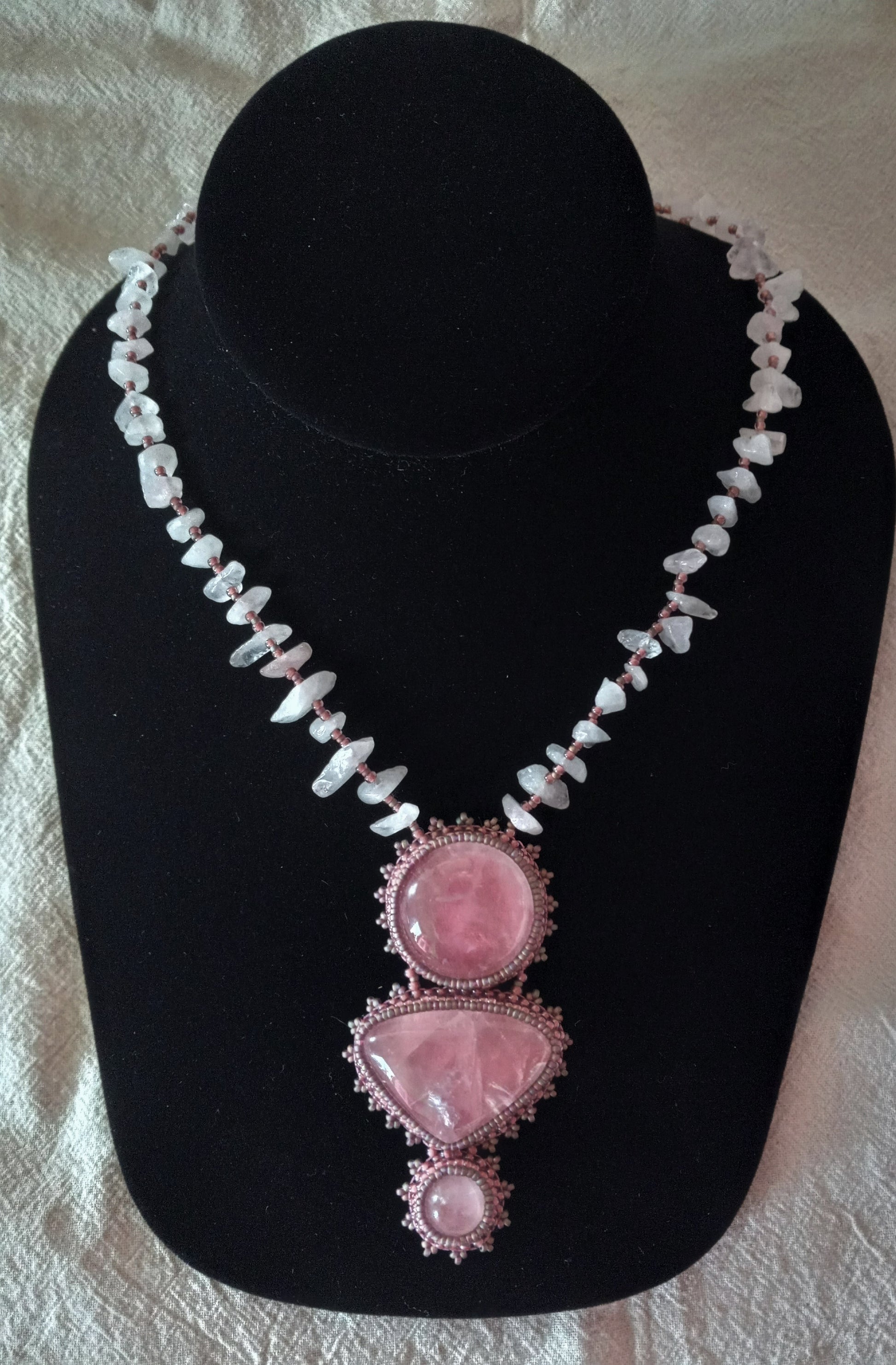 Rose Quartz Bead Embroidered Necklace