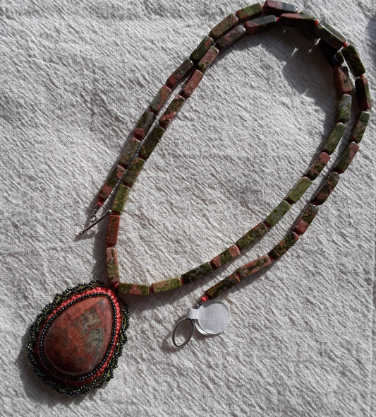 Unakite Bead Embroidered Cabochon Necklace