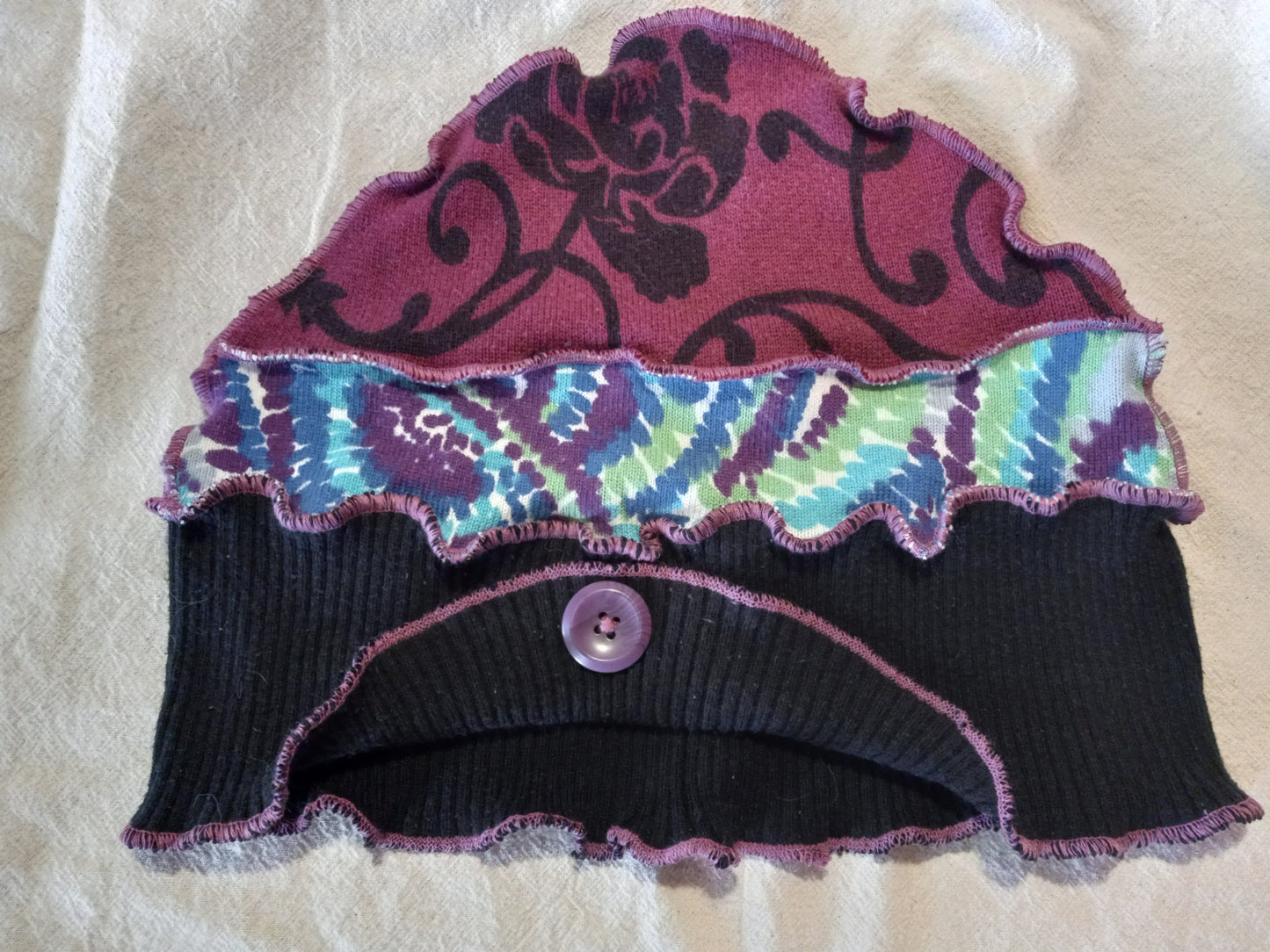 Black, Purple & Teal Cloche Style Upcycled Beanie