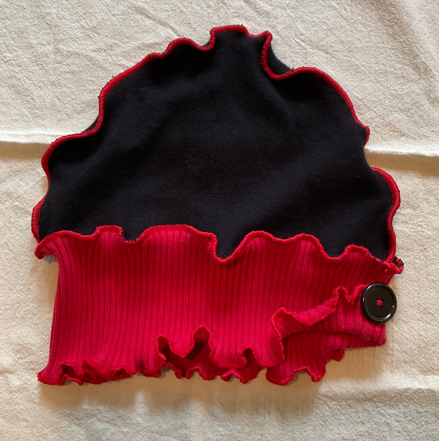 Black & Red with Side Button Upcycled Beanie