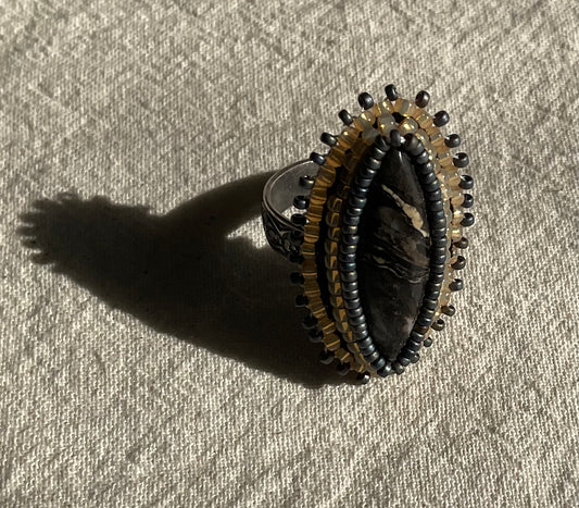 Jasper Cabochon Adjustable Ring ( Grey & Peach)